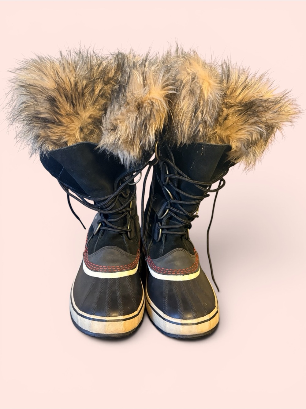 Sorel Black Lace-Up Winter Boots with Brown Faux-Fur Cuff Warm Old Money Indie